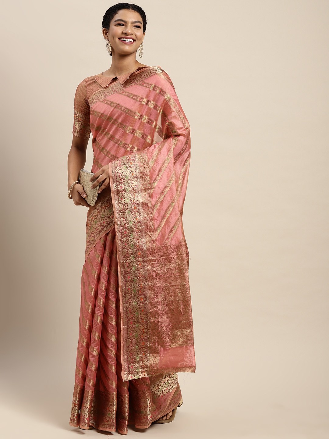 

Satrani Women Dusty Pink Ethnic Motifs Woven Design Organza Kanjeevaram Saree, Rose