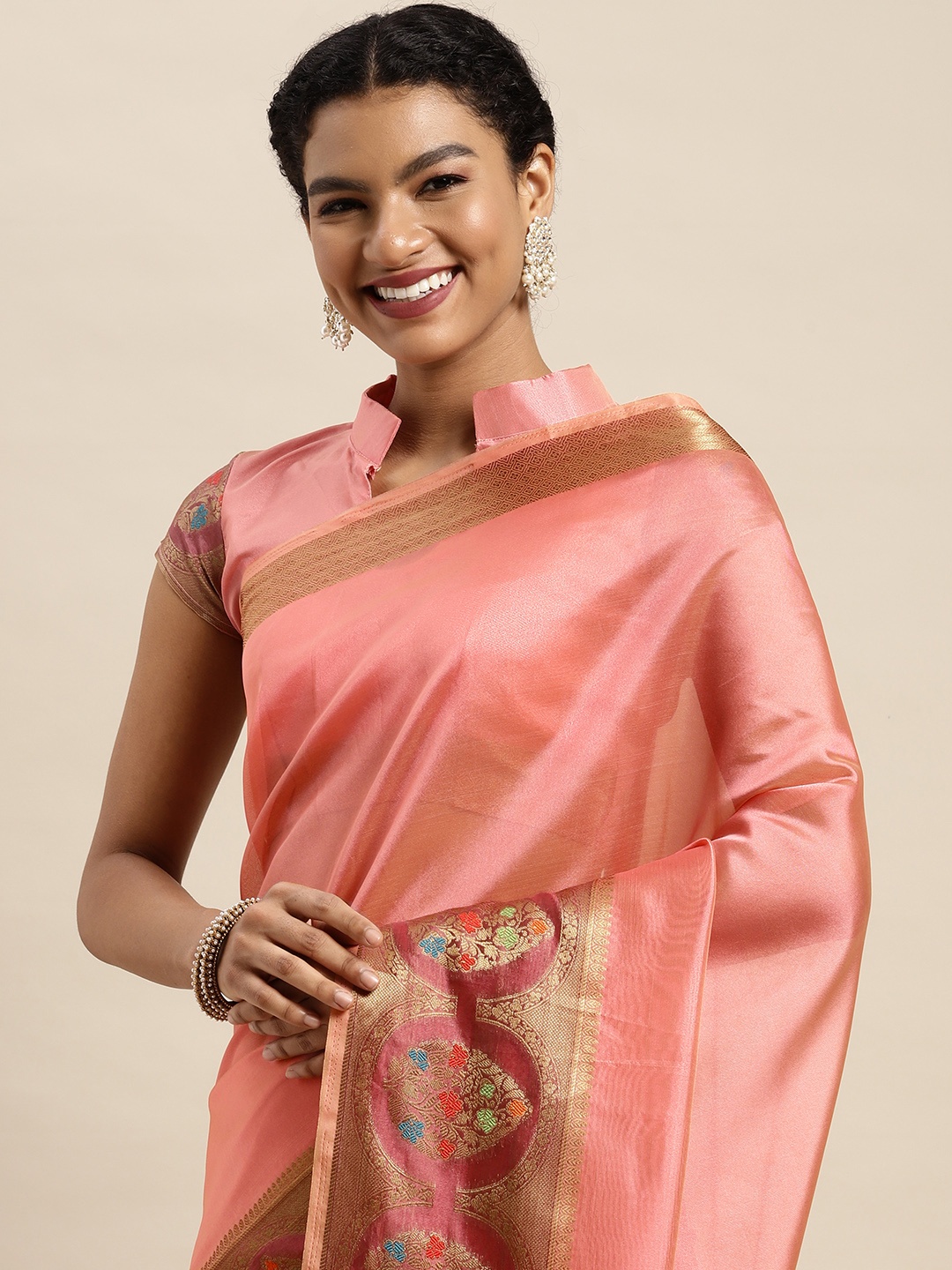 

Satrani Pink & Golden Organza Banarasi Saree