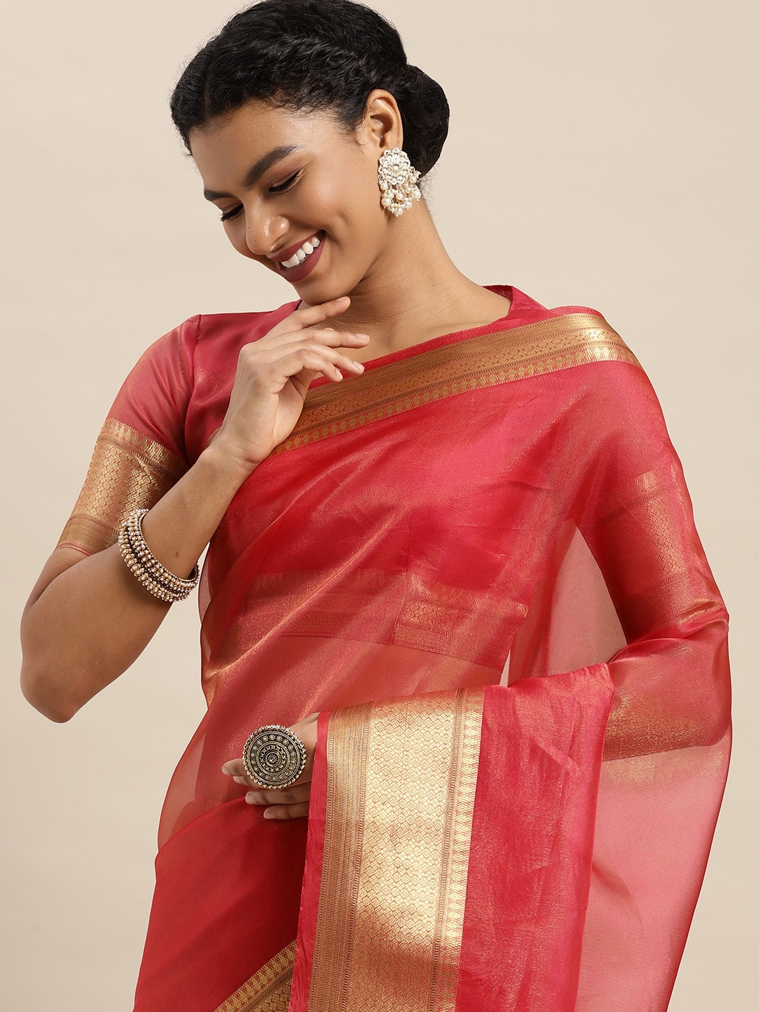 

Satrani Red & Golden Organza Banarasi Saree