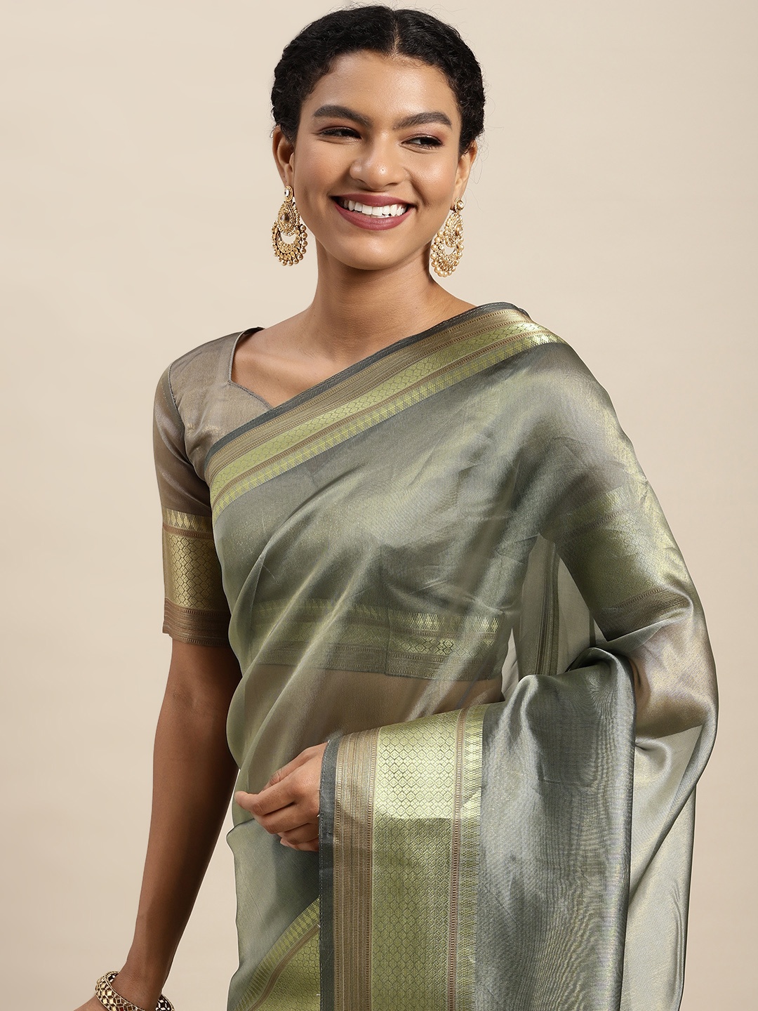 

Satrani Grey & Golden Organza Banarasi Saree