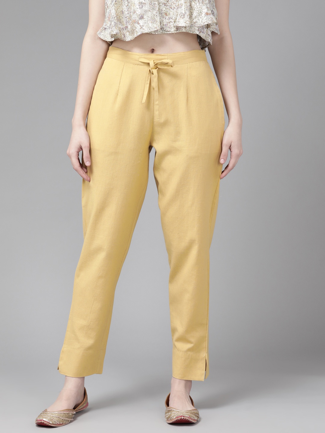 

Yufta Women Beige Solid Cotton Straight Trousers