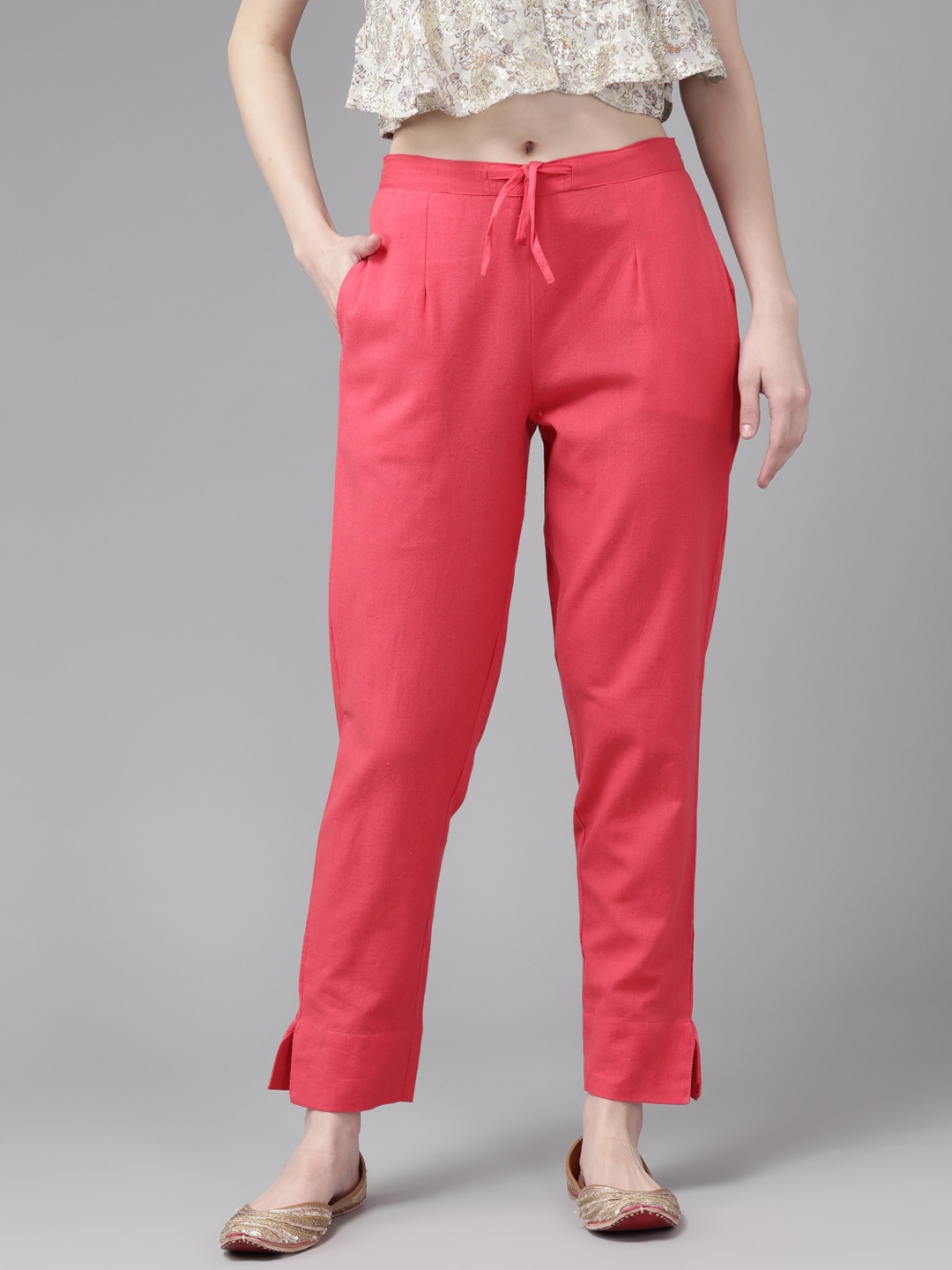 

Yufta Women Coral Pink Solid Cotton Straight Trousers