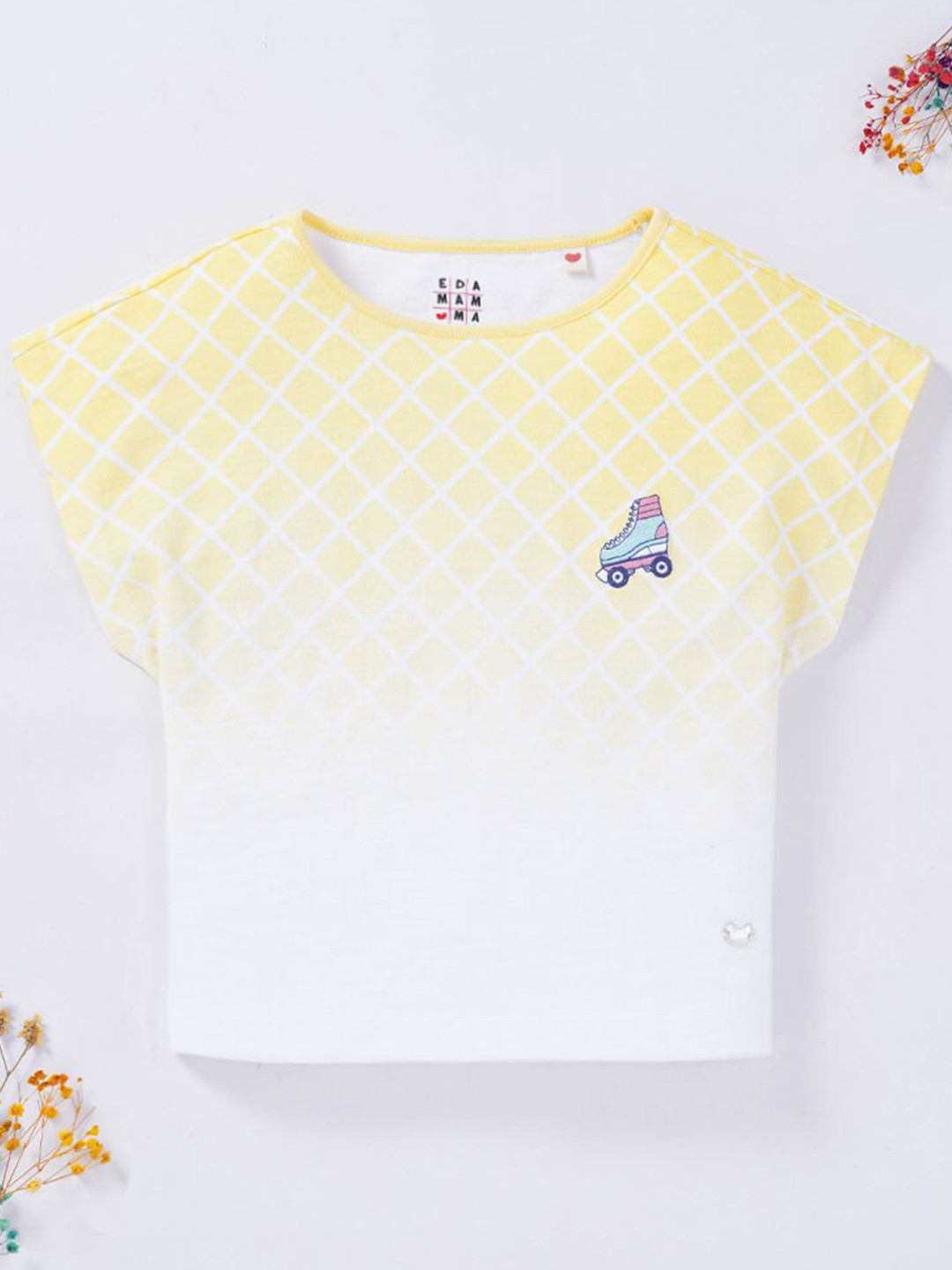 

Ed-a-Mamma Girls Yellow & White Checked Cotton Round Neck T-shirt