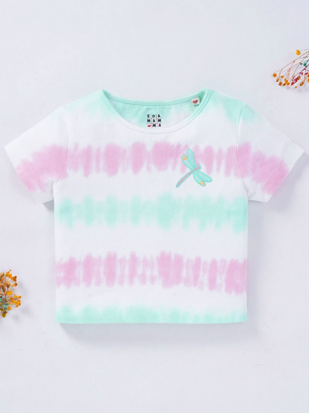 

Ed-a-Mamma Girls Pink & Turquoise Blue Tie and Dye Dyed Applique T-shirt
