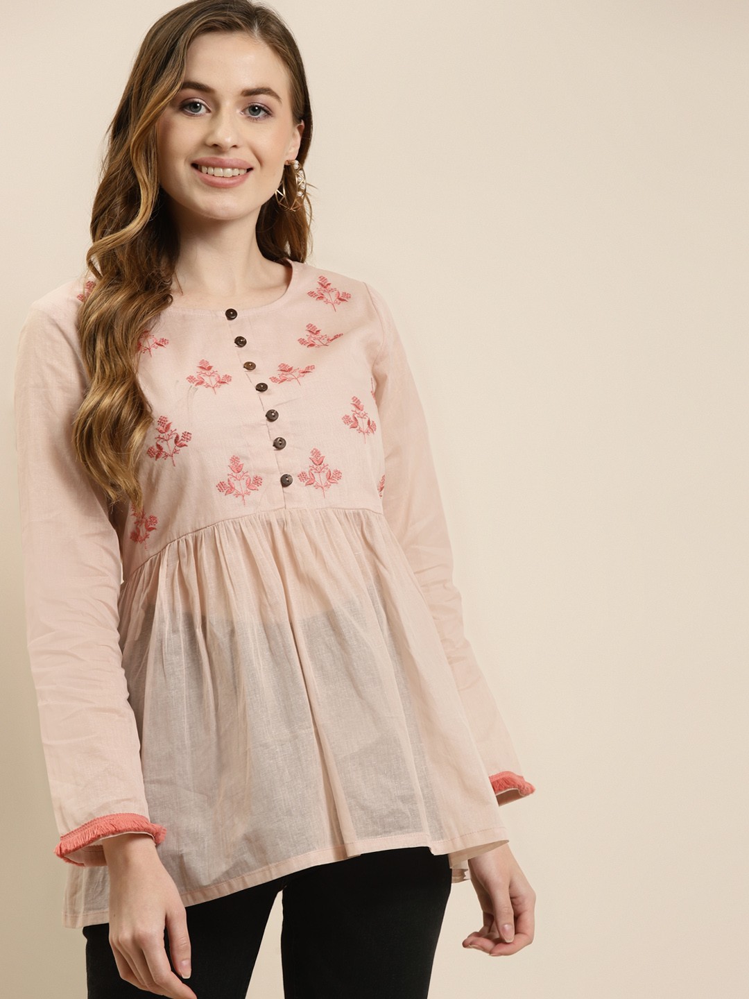 

Shae by SASSAFRAS Women Taupe Embroidered Pure Cotton Longline Top