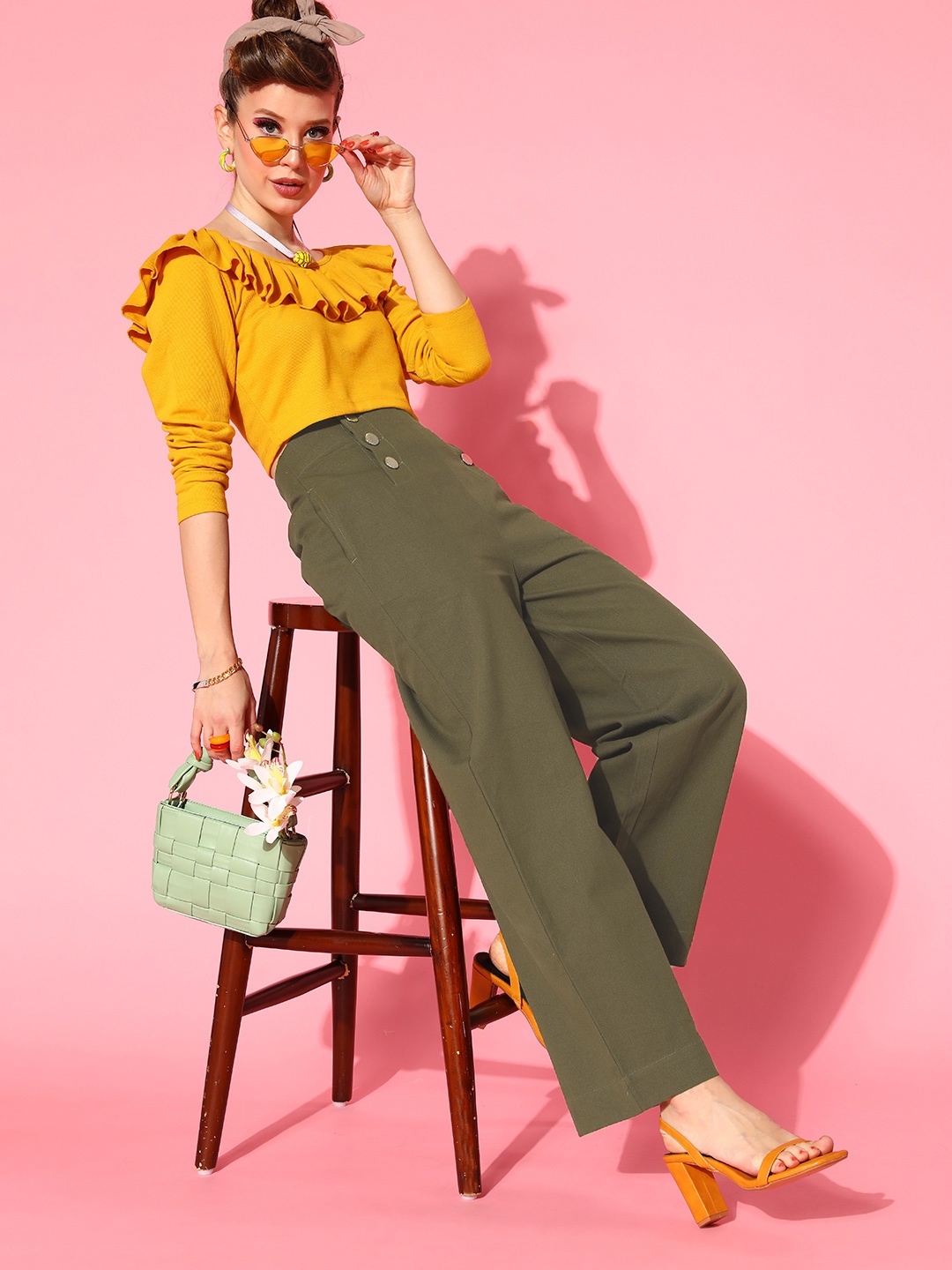 

SASSAFRAS Women Lovely Olive Solid Elevated Bottom Trousers