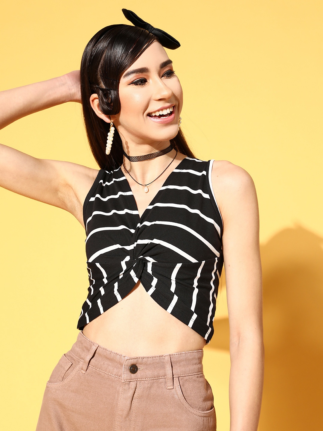 

SASSAFRAS Women Stylish Black Horizontal Stripes Twist and Knot Top