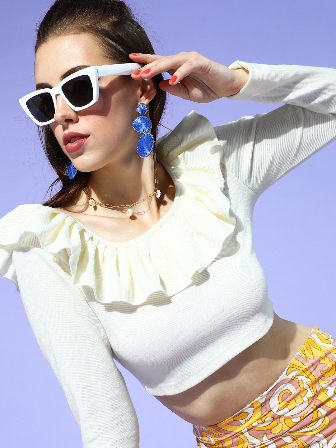 

SASSAFRAS Women Beautiful Off-White Solid Feminine Frills Top