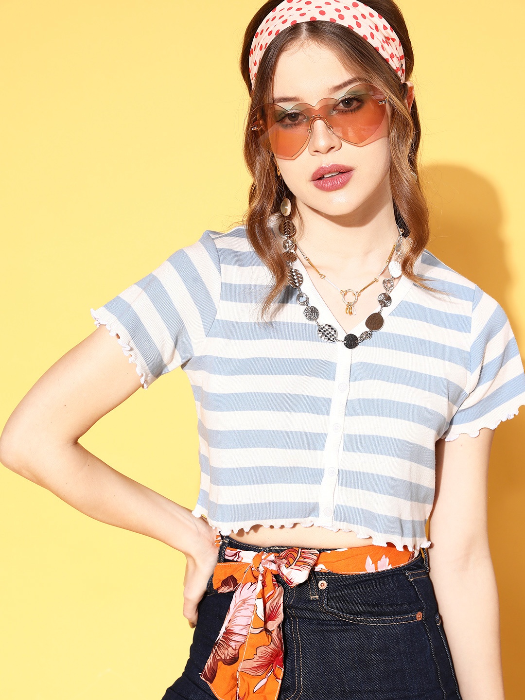 

SASSAFRAS Women Stunning Blue Horizontal Stripes Feminine Frills Top