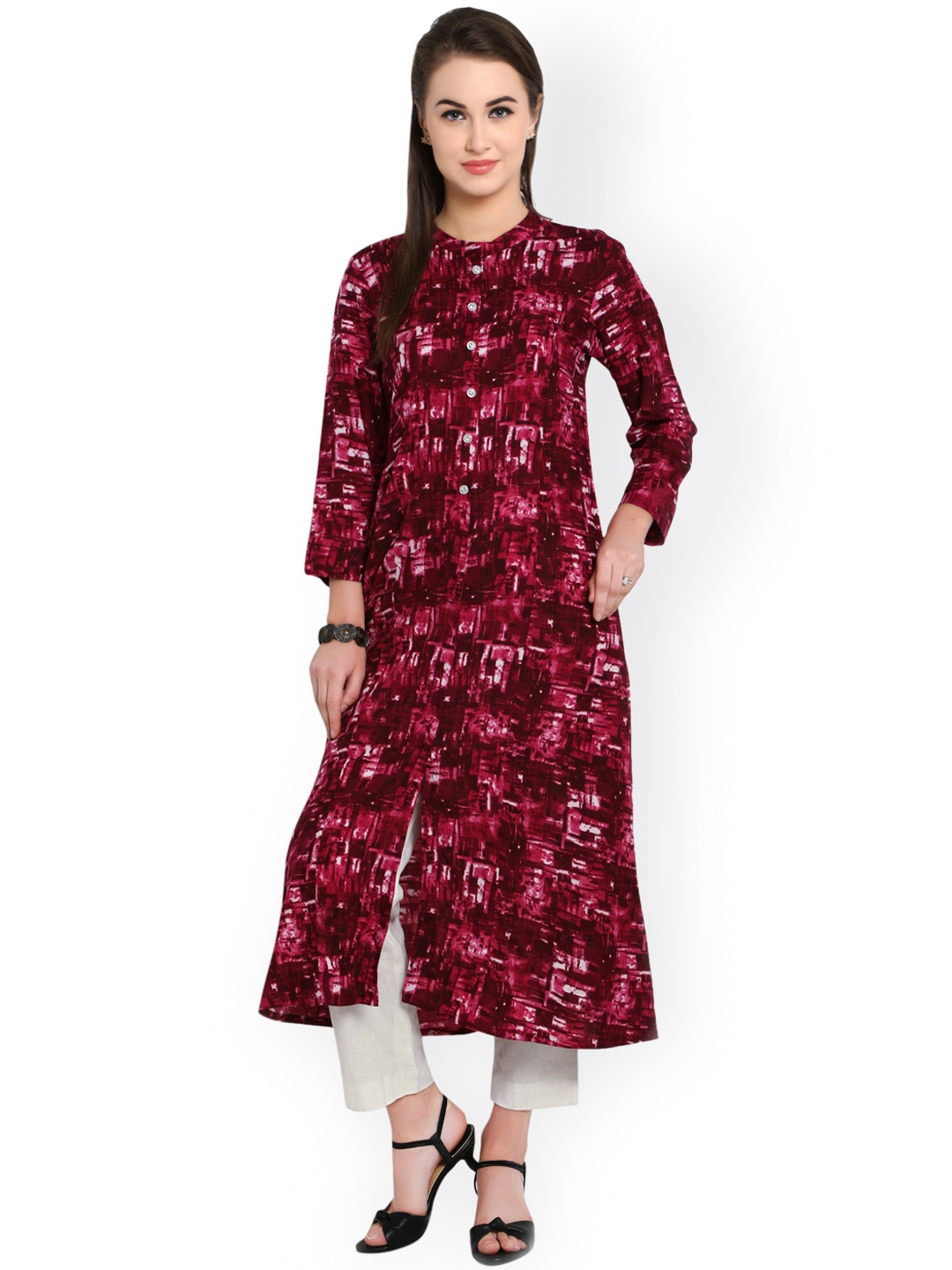 

Indibelle Women Burgundy Printed A-Line Kurta
