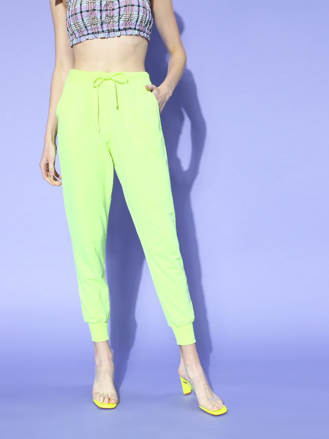 

SASSAFRAS Women Stunning Fluorescent Green Solid Y2K Cargo Track Pants