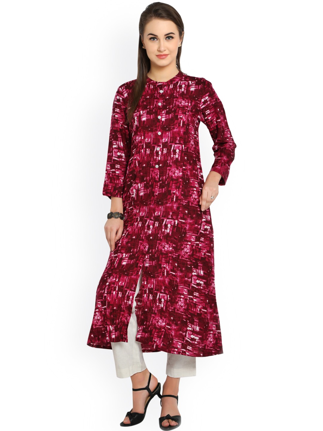 

Indibelle Burgundy & Off-White Printed A-Line Kurta with Trousers
