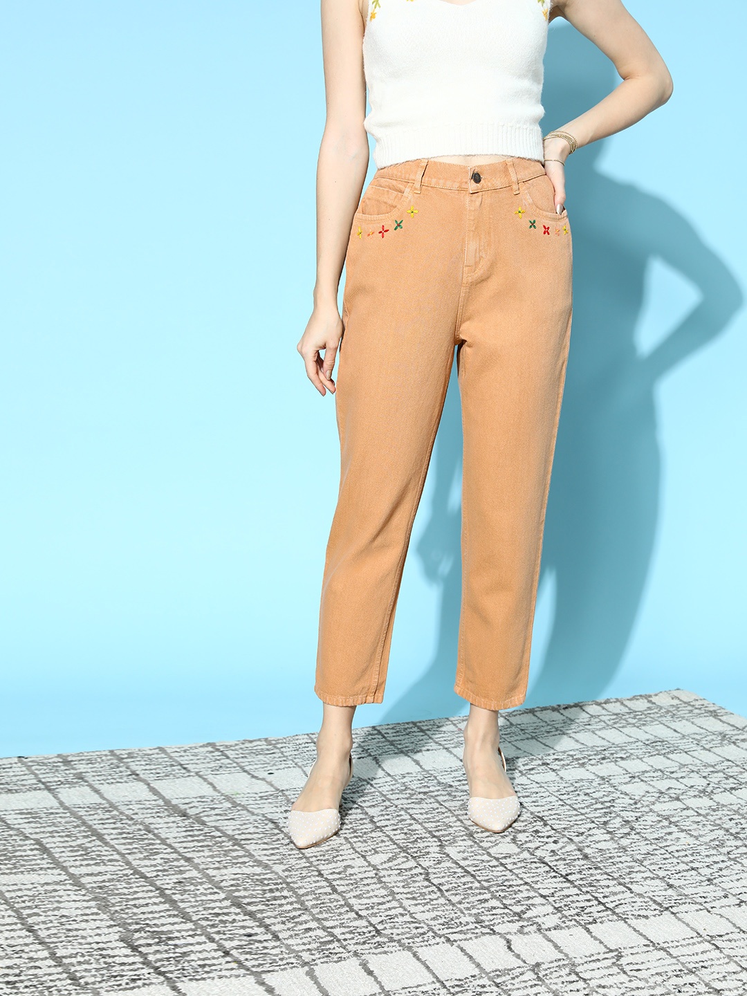

SASSAFRAS Women Attractive Peach High-Rise Regular Fit Jeans
