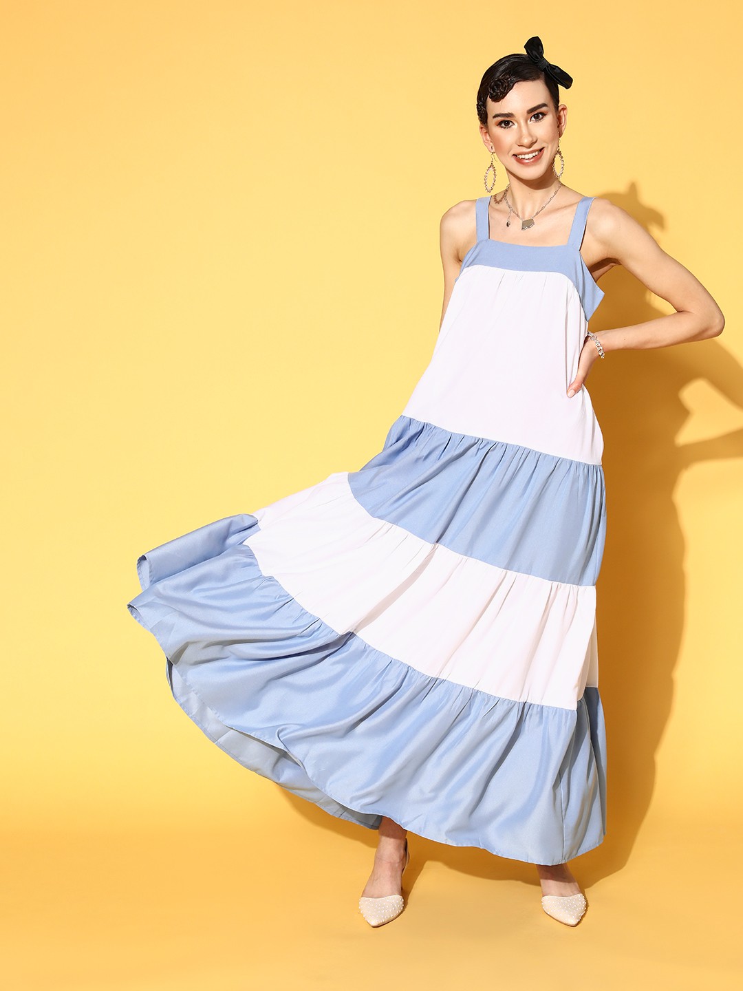 

SASSAFRAS Women Stunning Blue Striped Nuovo Sleeves Dress