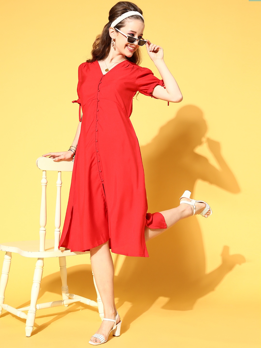 

SASSAFRAS Women Gorgeous Red Solid Peekaboo Bottom Dress