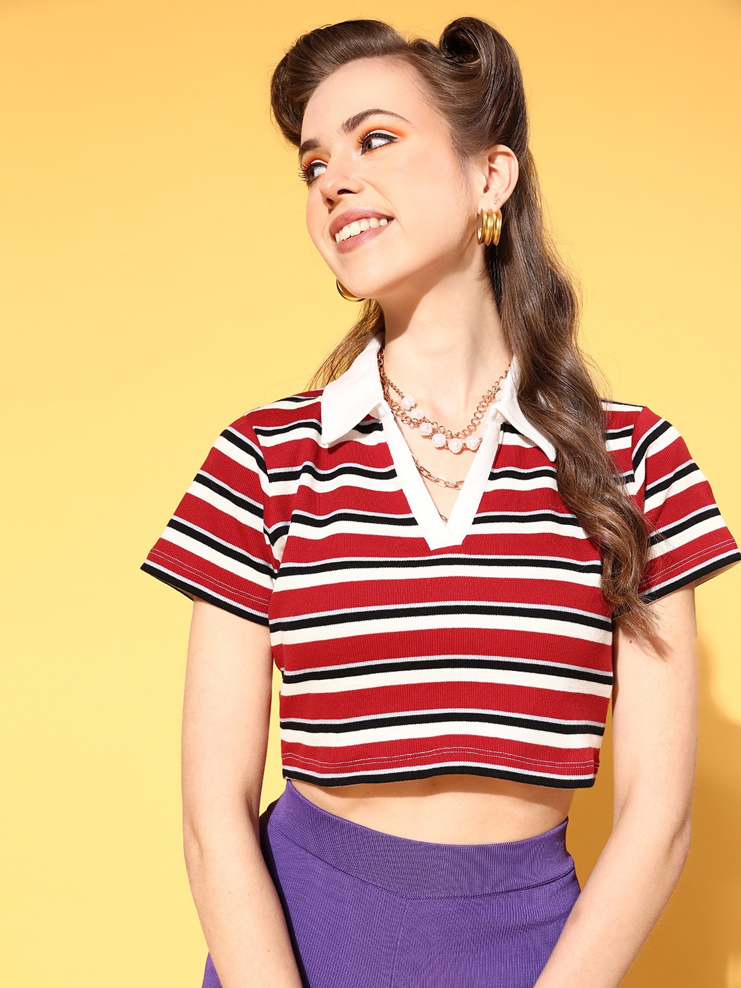 

SASSAFRAS Women Gorgeous Red Striped New Neckline Tshirt