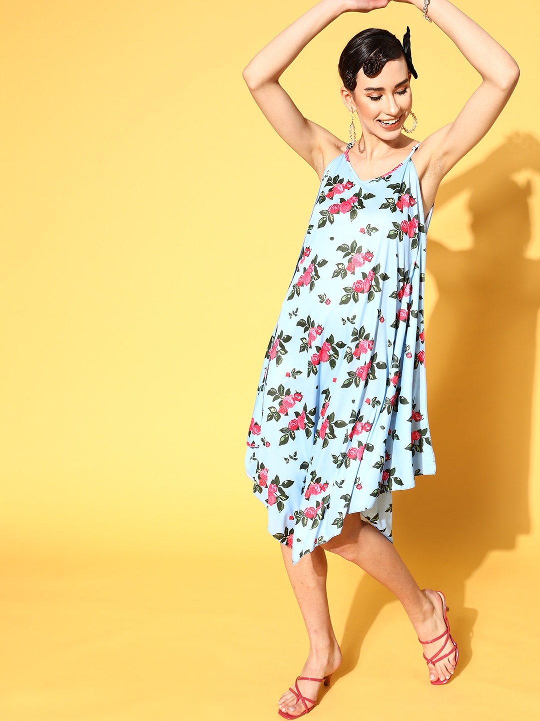 

SASSAFRAS Women Stunning Blue Floral Asymmetric Hemline Dress