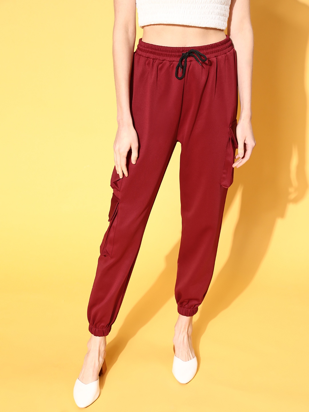 

SASSAFRAS Women Charming Maroon Solid Y2K Cargo Track Pants