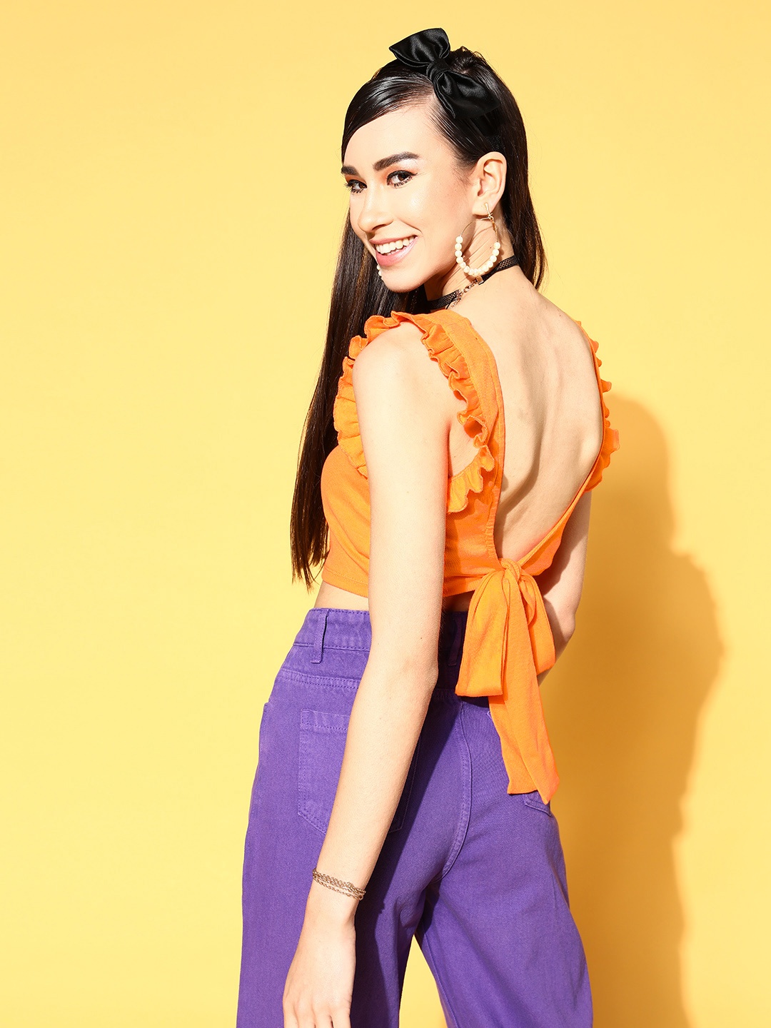 

SASSAFRAS Women Bright Orange Solid Feminine Frills Top