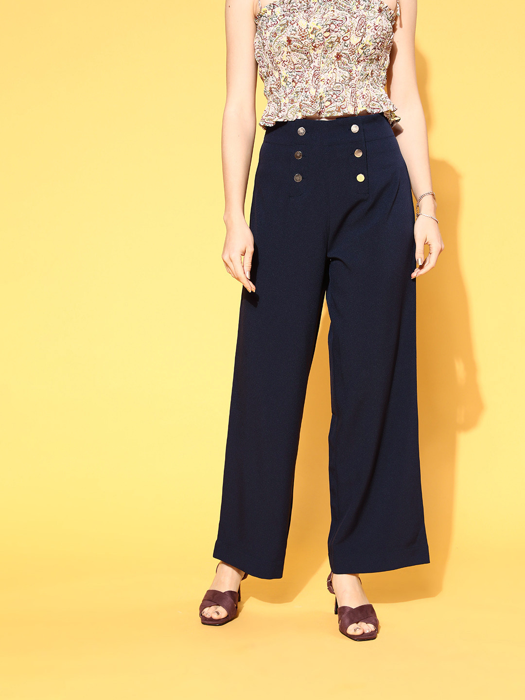 

SASSAFRAS Women Deep Navy Blue Solid Elevated Bottom Trousers