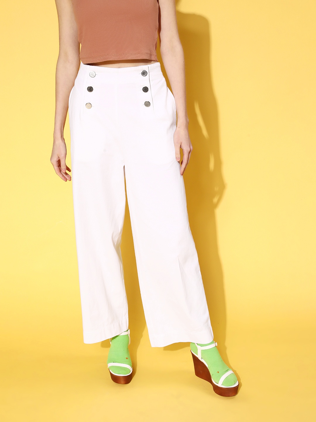 

SASSAFRAS Women Classic White Solid Elevated Bottom Trousers