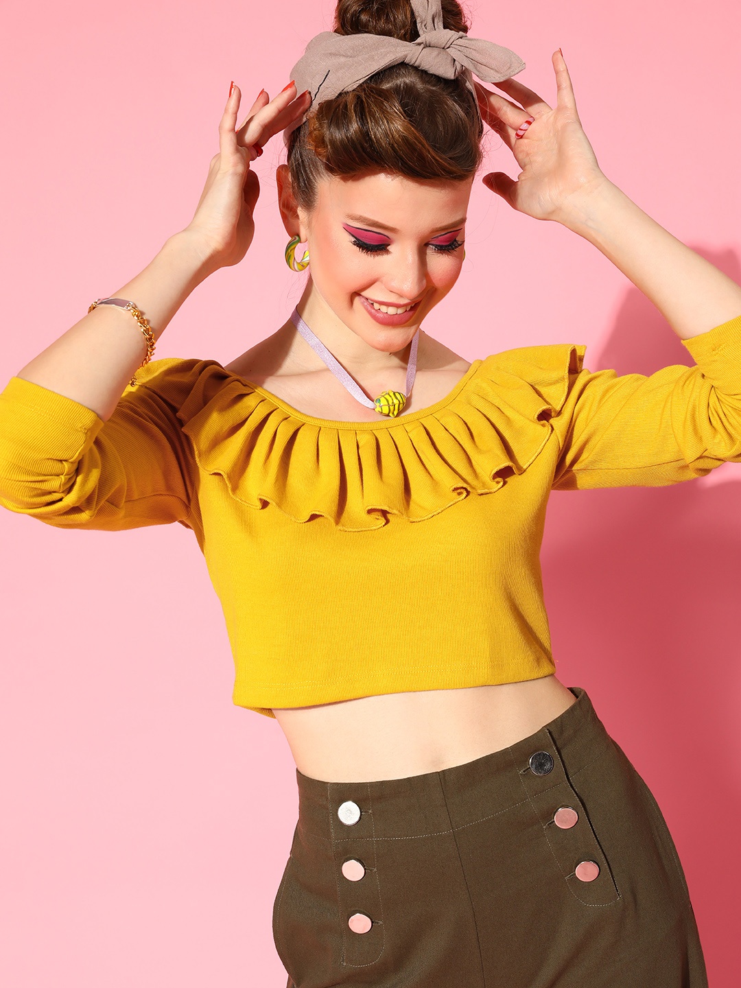 

SASSAFRAS Women Stylish Mustard Solid Feminine Frills Top