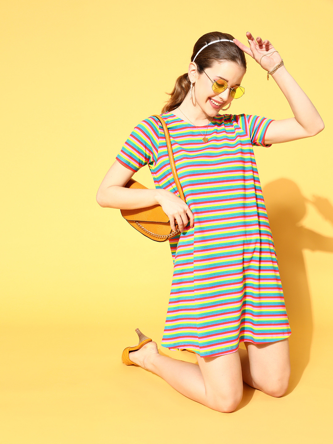 

SASSAFRAS Women Gorgeous Green Striped 70s Mini Dress