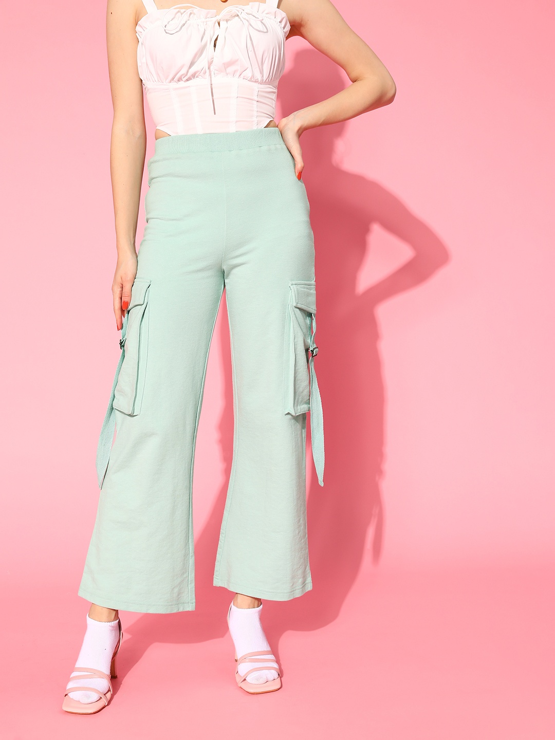 

SASSAFRAS Women Enchanting Sea Green Solid Y2K Cargo Trousers