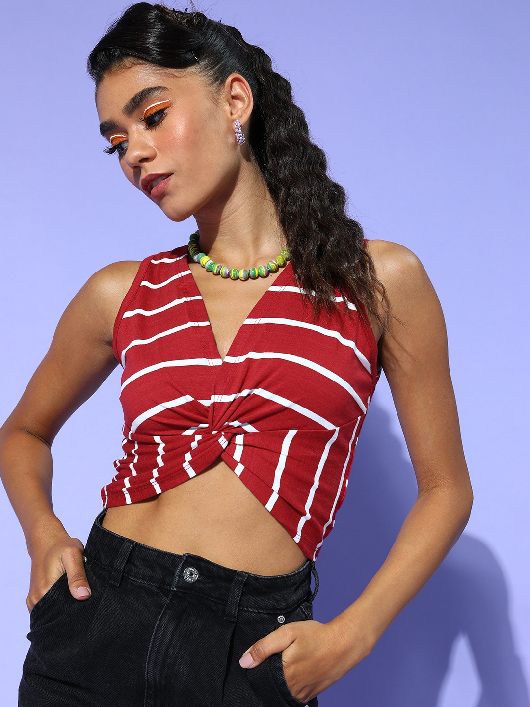 

SASSAFRAS Women Charming Maroon Horizontal Stripes Twist and Knot Top