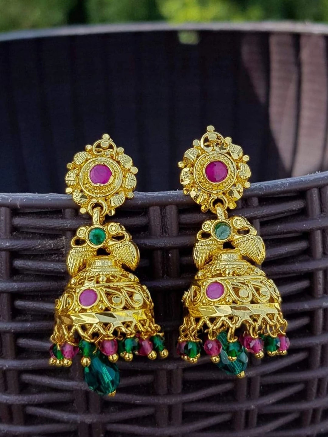 

GRIIHAM Gold-Plated Red Stone Studded Contemporary Jhumkas