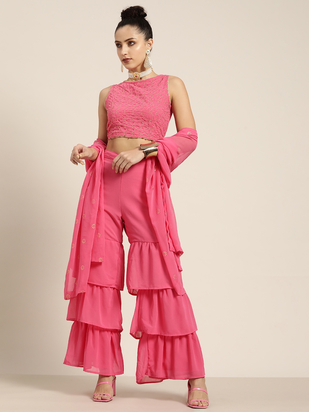 

Moda Rapido Women Pink Embroidered Thread Work Top with Sharara & With Dupatta