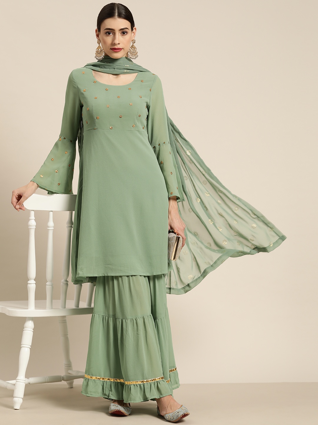 

Moda Rapido Women Green Ethnic Motifs Embroidered Thread Work Kurta with Sharara & With Dupatta