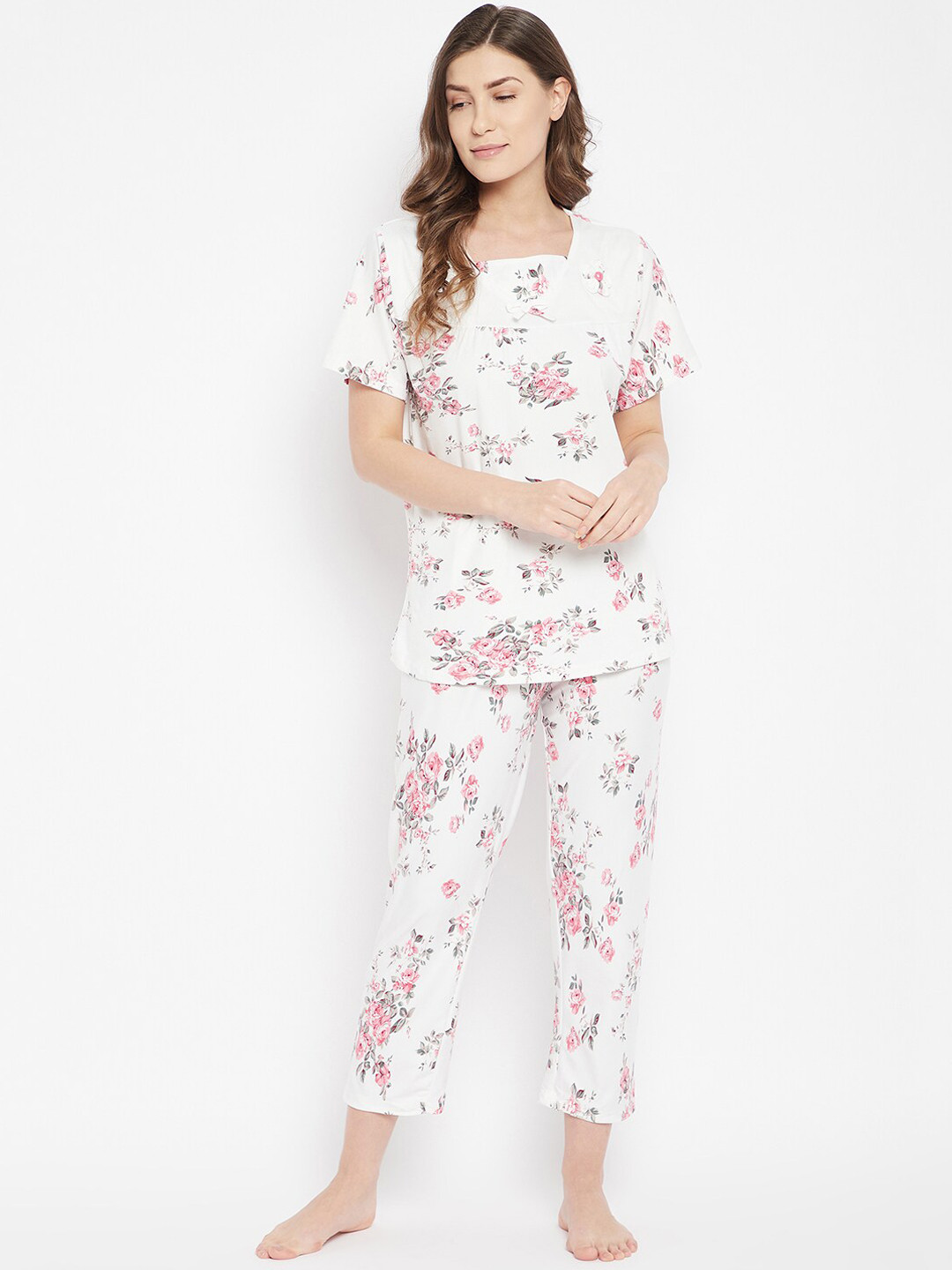 

Camey Women White & Pink Printed Night suit