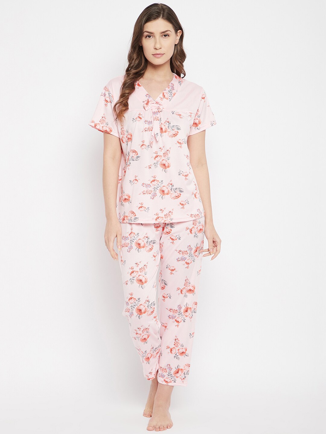 

Camey Women White & Peach Floral Print Night Suit