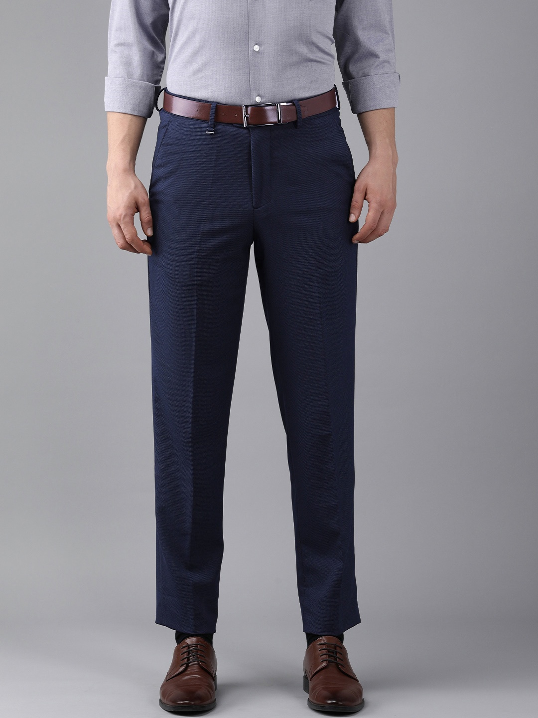 

Van Heusen Men Navy Blue Textured Custom Fit Low-Rise Crop Formal Trousers