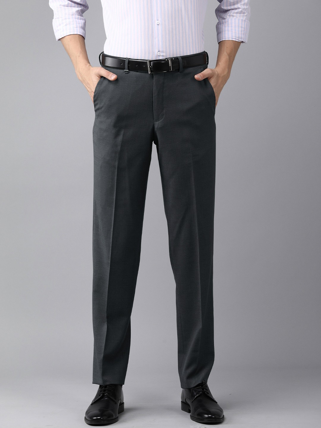 

Van Heusen Men Navy Blue Textured Classic Fit Formal Trousers