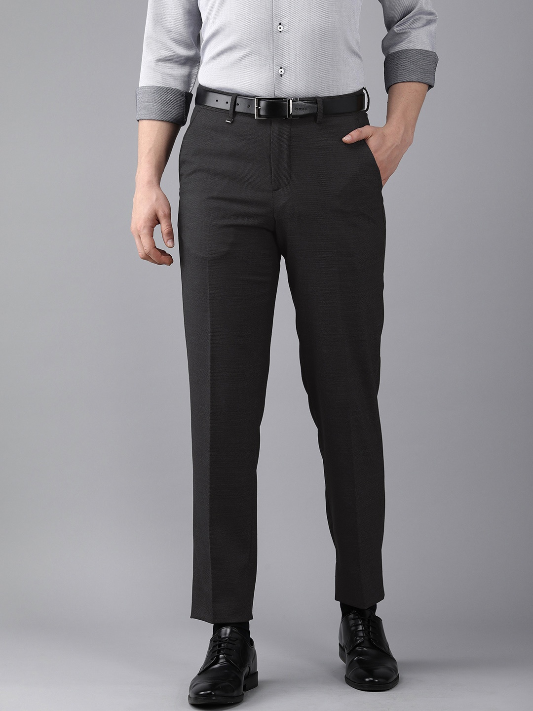 

Van Heusen Men Black Textured Custom Fit Low-Rise Trousers