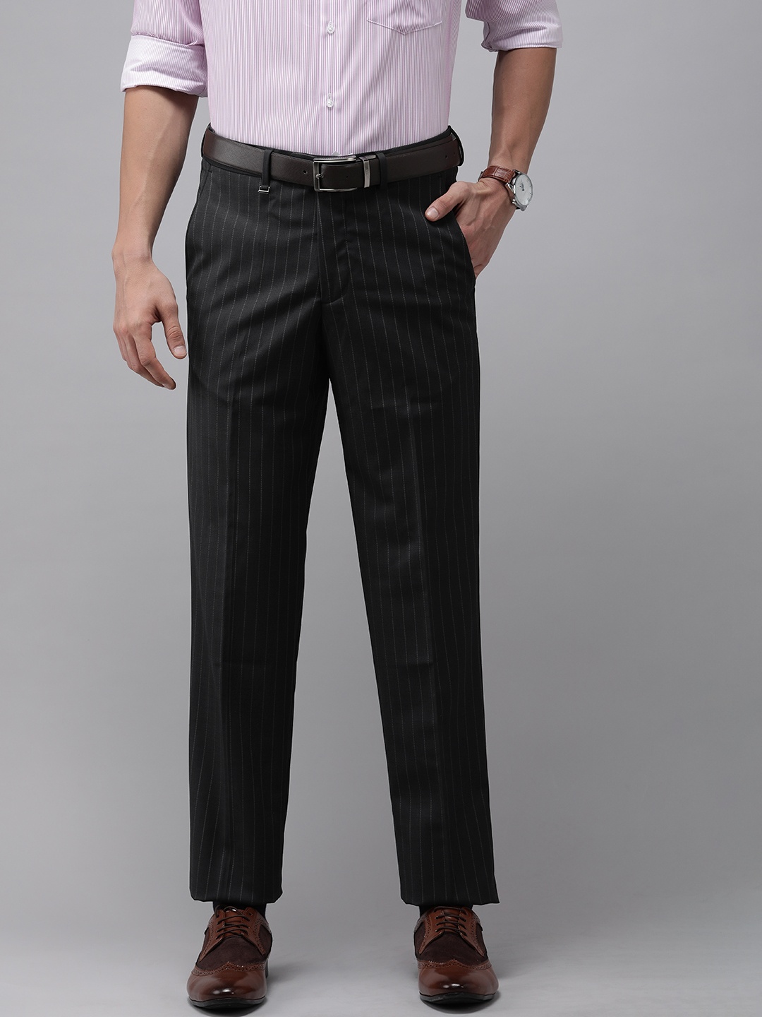

Van Heusen Men Black Striped Custom Fit Low-Rise Trousers