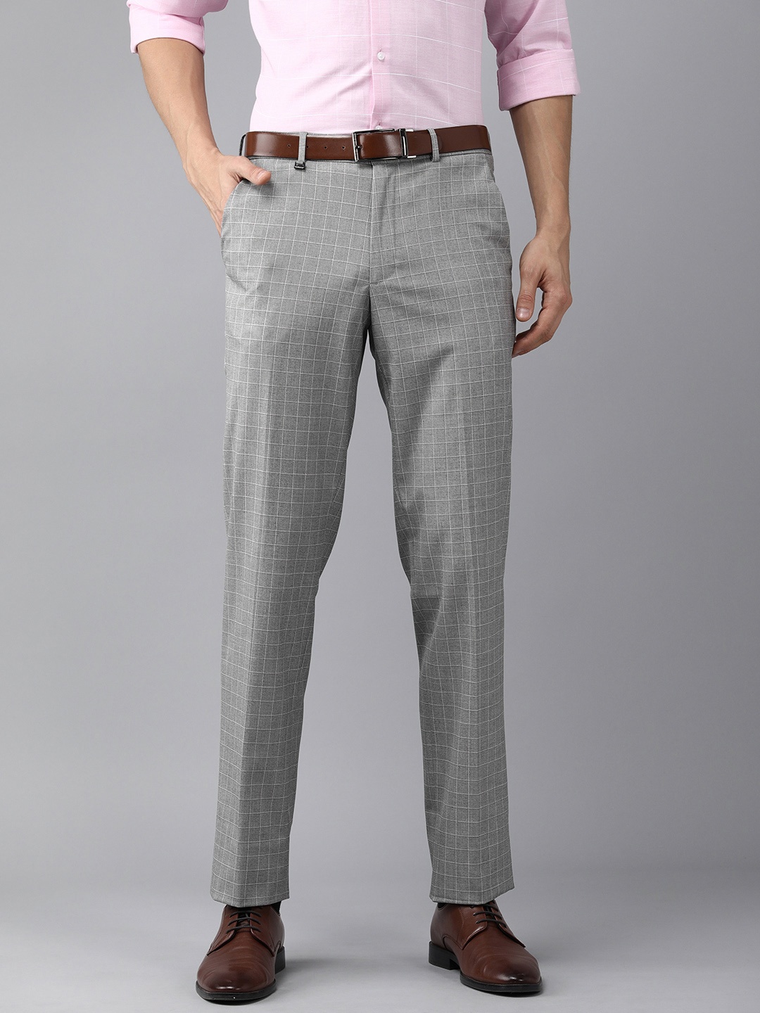 

Van Heusen Men Grey & White Checked Mid Rise Slim Fit Trousers