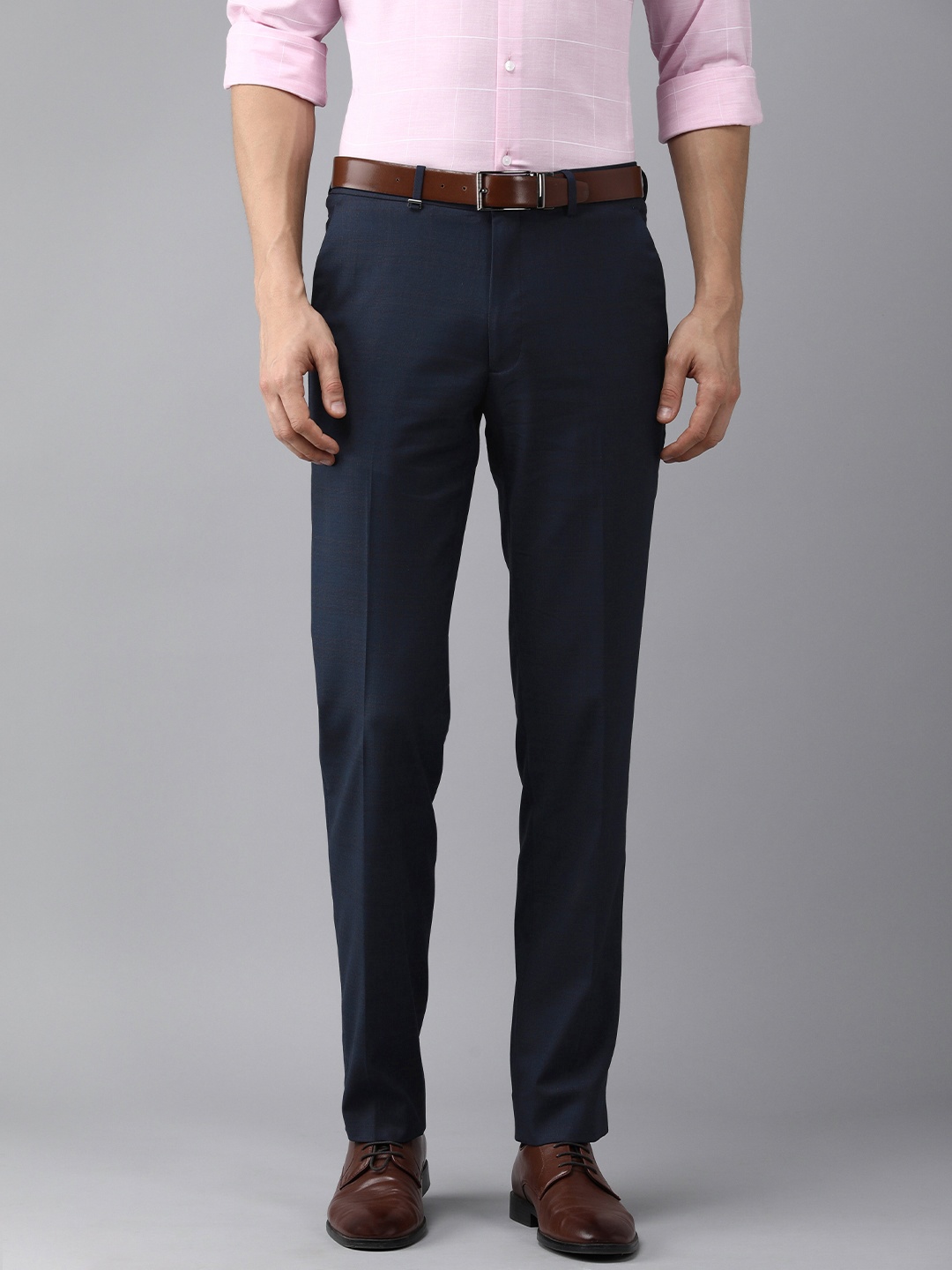 

Van Heusen Men Navy Blue & Brown Checked Slim Fit Trousers