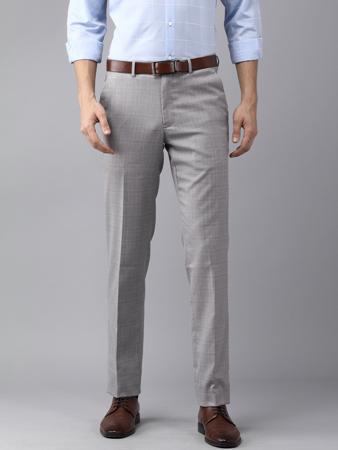 

Van Heusen Men Light Grey Checked Slim Fit Wrinkle Free Formal Trousers