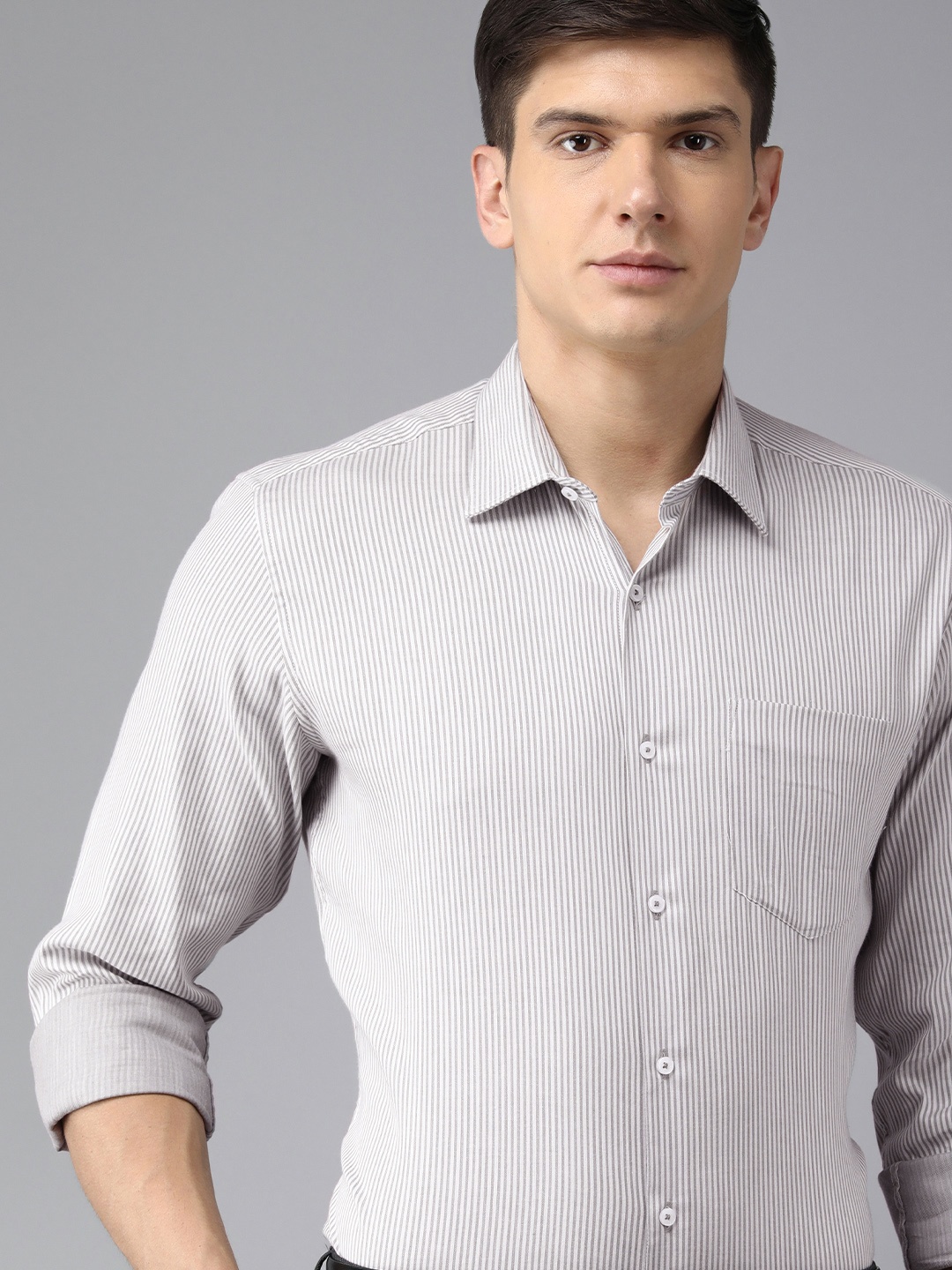 

Van Heusen Men Grey Striped Custom Fit Pure Cotton Formal Shirt