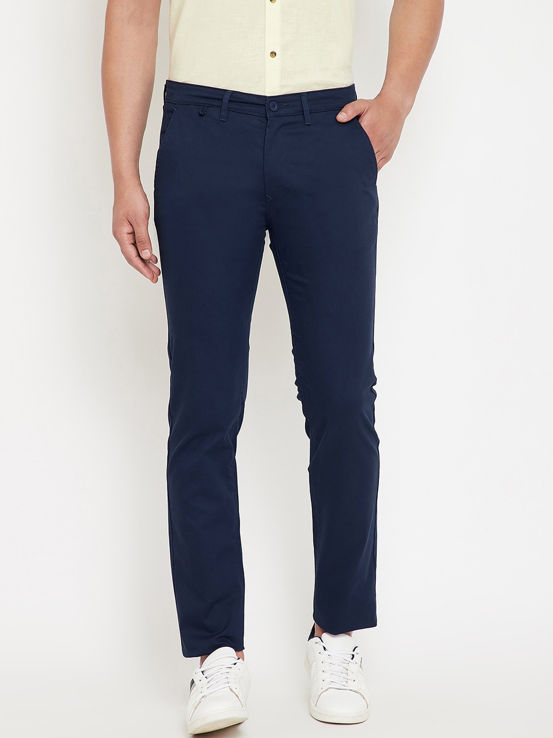 

Canary London Men Navy Blue Smart Slim Fit Wrinkle Free Trousers