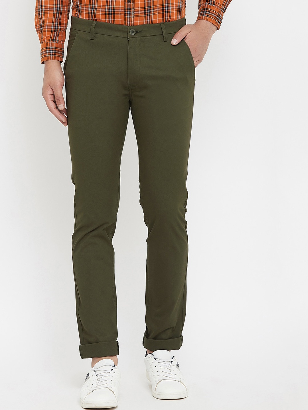 

Canary London Men Olive Green Smart Slim Fit Wrinkle Free Trousers