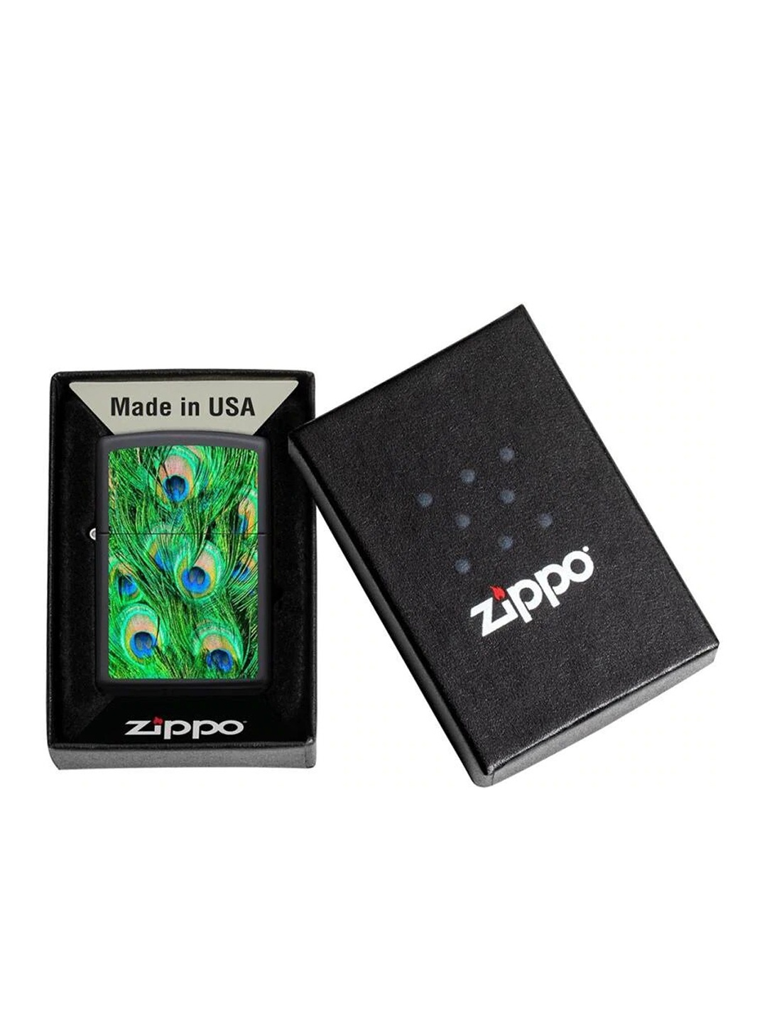 

Zippo Unisex Green & Black Peacock Feathers Design Matte Pocket Lighter