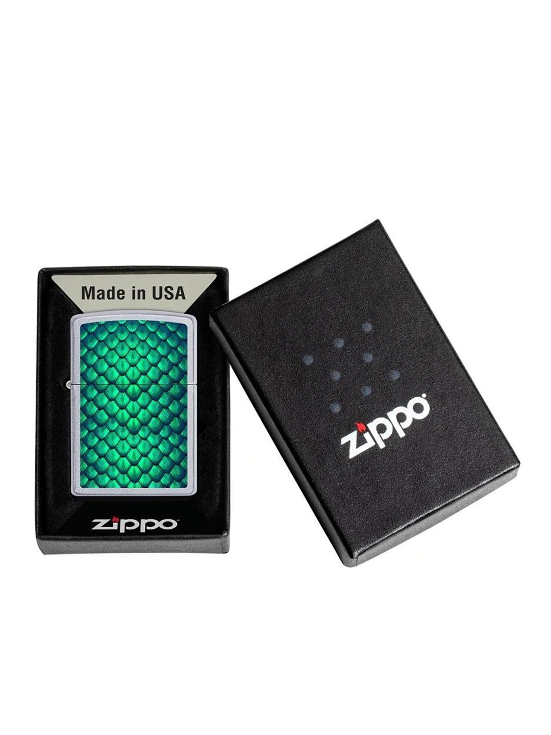 

Zippo Silver-Toned & Green Scale Patterned Satin Chrome Pocket Lighter