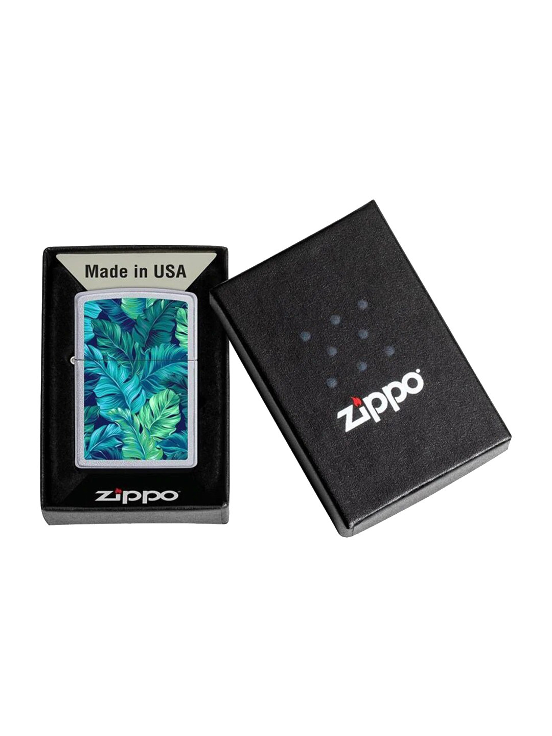 

Zippo Silver-Toned & Blue Botanical Leaves Printed Satin Chrome Pocket Lighter