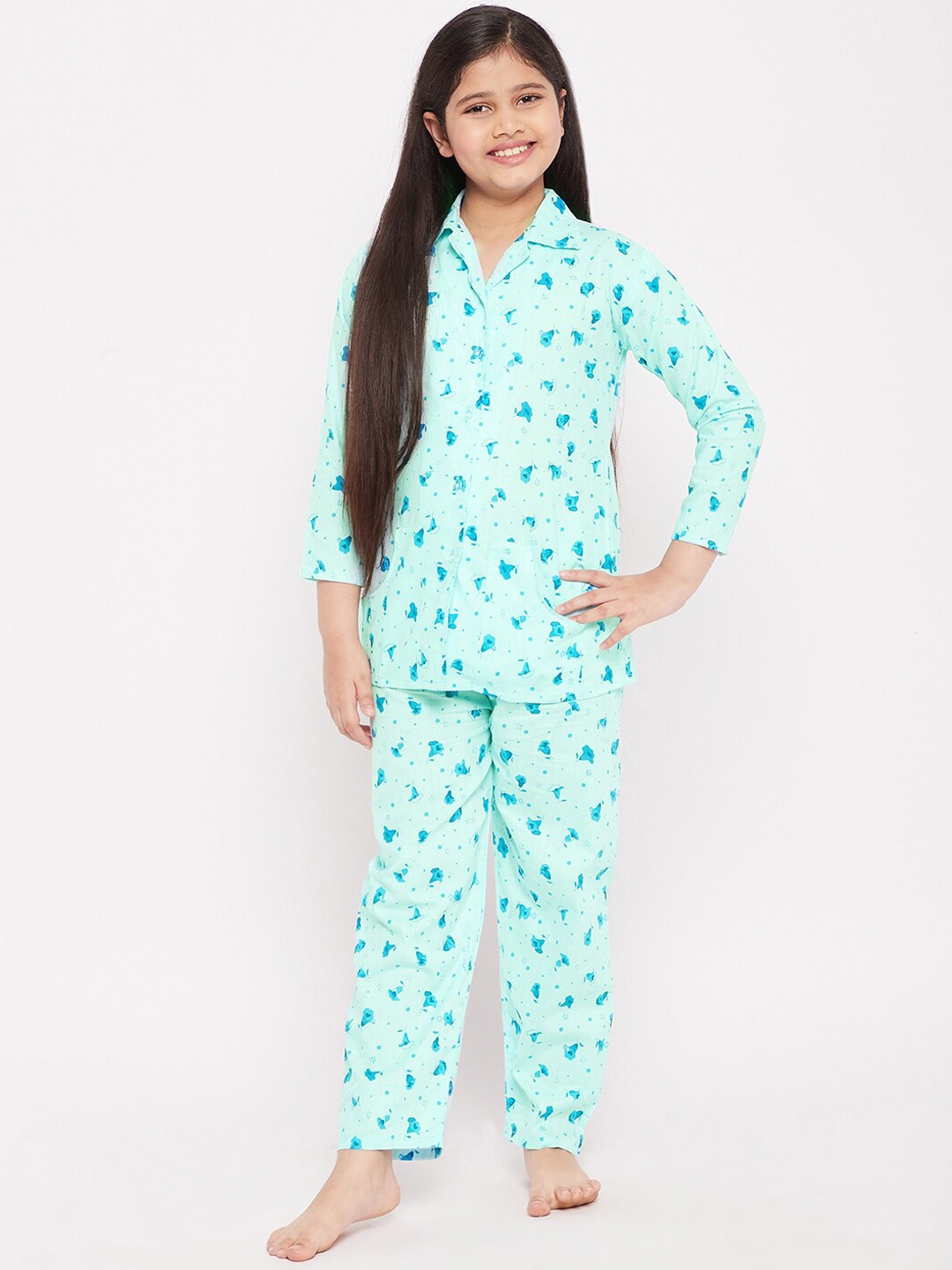 

KYDZI Girls Blue Printed Pure Cotton Night suit