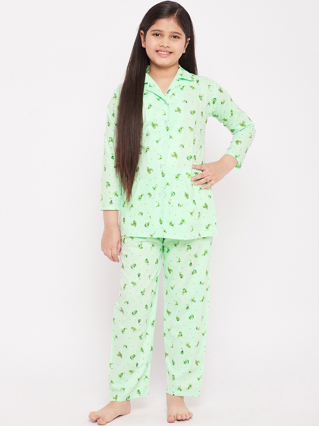 

KYDZI Girls Cotton Green Floral Printed Night suit