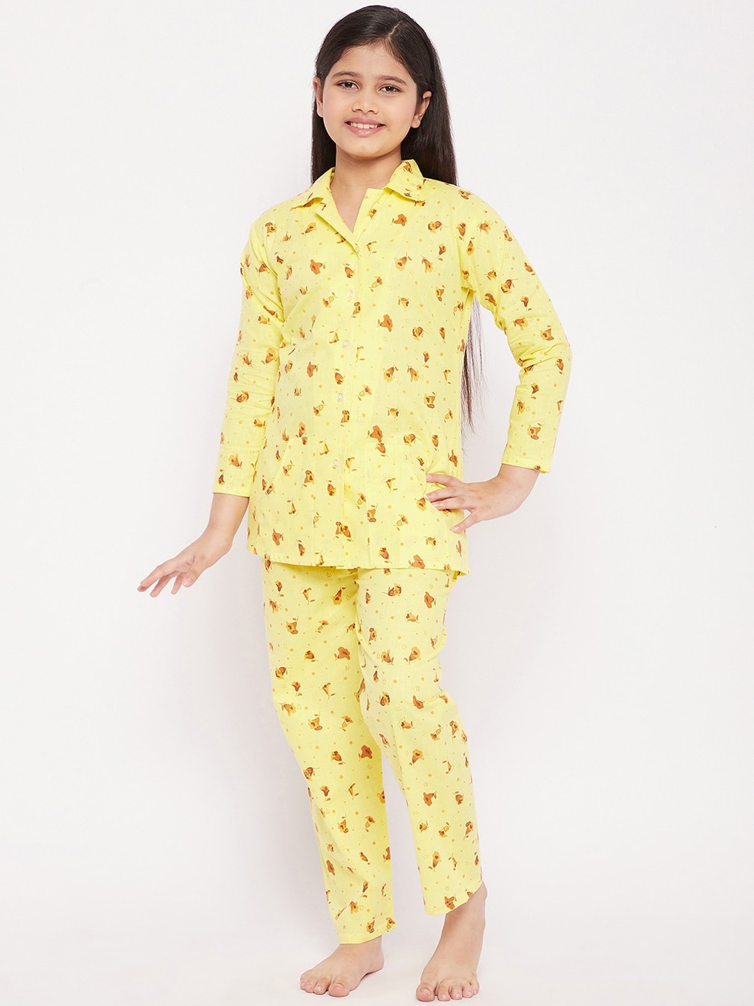 

KYDZI Girls Yellow & Brown Printed Night suit